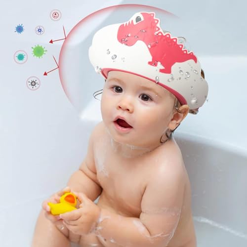 Image of FUNUPUP Baby Shower Cap for Kids, Baby Bath Shampoo Visor Cap Hair Washing Shield Adjustable, Red Dinosaur