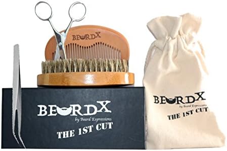 Beard Grooming and Trimming kit for men's Beard care| Bamboo Beard Brush Pear wood Beard Comb with Stainless Steel Scissors and Tweezers set by Beard Expressions