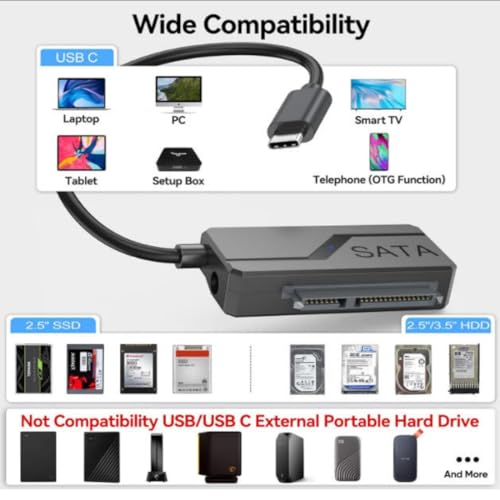 Cable adaptador USB-C a SATA para HDD/SSD 2.5/3.5" con jack de energía miniatura 5