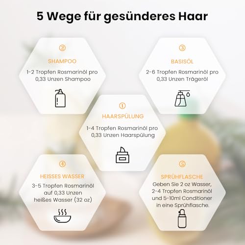 HIQILI Rosmarinöl 30ml, 100% Naturrein Rosmarin Ätherisches Öl für Haarwachstum, Kopfhautpflege, Hautpflege, Aromatherapie und Diffuser