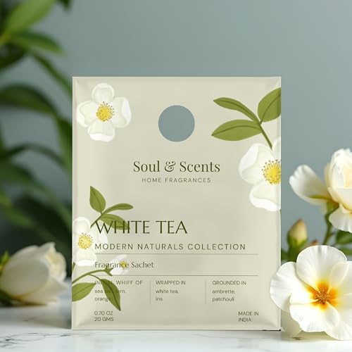 Image of Soul & Scents White Tea Fragrance Sachet | Refreshing Aroma of White Florals & Sea Breeze | Long-Lasting Air Freshener for Car, Wardrobe, Kitchen, and Travel Bag | Pack of 3-20gm Each