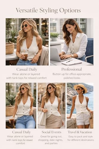 Image of Womens Button-Front Sweater Vest Top V Neck Sleeveless Knit Tank Fitted Halter Raceback Cardigan Vest