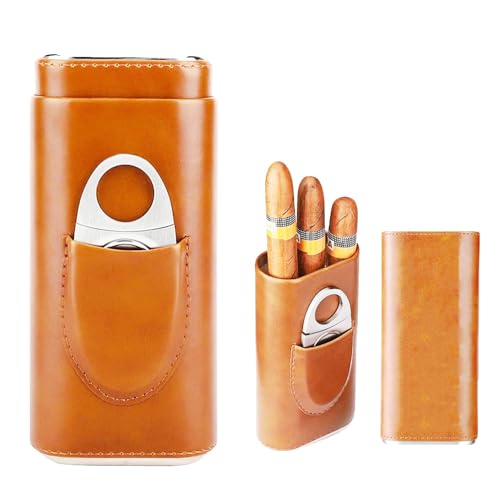 Estuche para puros para 3 puros, humidores de cigarros, funda de piel para puros con cortador de puros de acero inoxidable, humidor portátil, para viajes cortos, regalos para hombres1