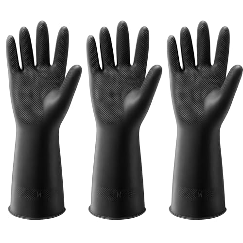 ThxToms 3 Pairs Dishwashing Cleaning Gloves, Reusable Dishwashing latex Gloves for Kitchen & Bathroom Cleaning,Non-Slip,Smooth Comfortable Lining,Black(Medium) M
