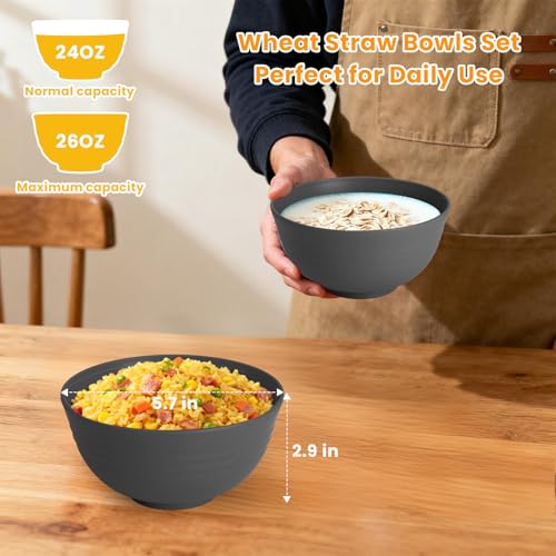 Hoimenly Wheat Straw Bowls for Kitchen, Unbreakable Cereal Bowl Set of 8, 26oz Microwave and Dishwasher Safe Bowls Set for Party, Camping, Alternatives to Plastic Bowl, Stackable Soup Bowls(Dark Grey) by Homienly - Used condition - Image 2