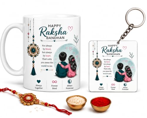 Image of Bhai Behan Raksha Bandhan Coffee Mug Set | Ceramic Mug with Matching Accessories