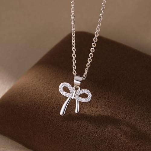 Image of Reffeer Solid 925 Sterling Silver CZ Bow Necklace Chain for Women Teen Girls Crystal Bow Pendant Necklace Choker Bowknot