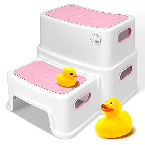 Image of Pink Toddler Step Stool for Toilet, Two Step Stool for Kids Bathroom with Handle for Potty Training, Non-Slip Girls Small Heavy Duty Plastic Stool for Sink Bed Kitchen Counter (White-Pink)