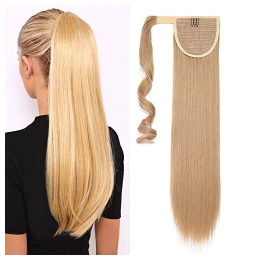 Silk-co Postiche Queue de Cheval Magique 23 Pouces Extension de Cheveux Queue de Cheval Synthétique Attaché Par Mèche Ponytail Extension Wrap Around, Blond foncé/Blond très clair