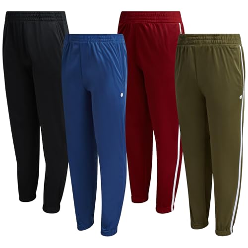 RBX Boys Sweatpants - 4 Pack Performance Tricot Boys Joggers with Elastic Waist & Pockets - Soft Stretch Kids Athletic Pants, Size 10-12, Black Charcoal Syrah