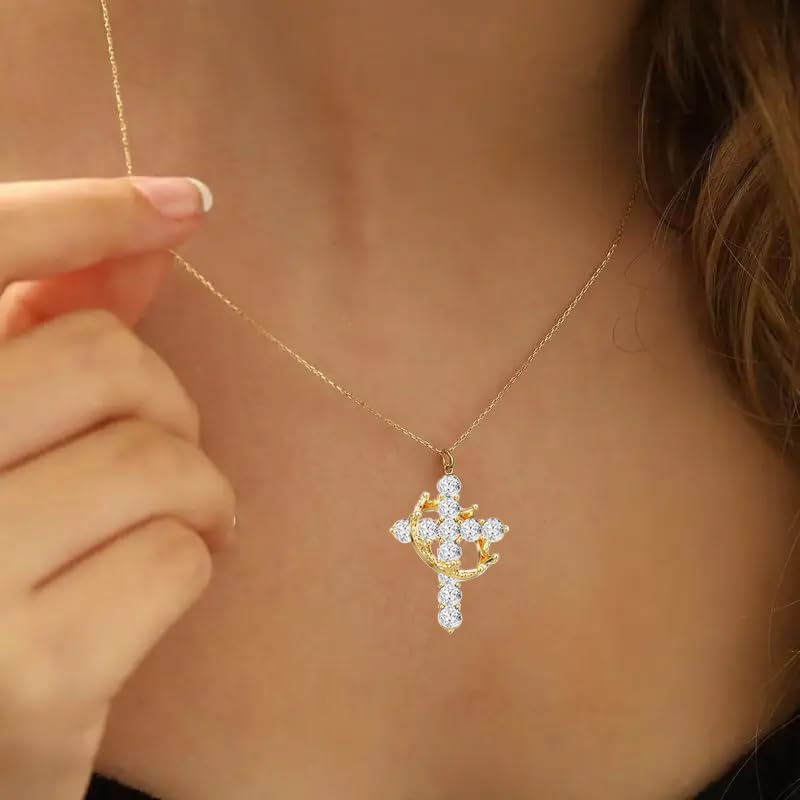 Crown Cross Necklace Earring Set for Women,Diamond Dainty 14k Gold Plated Cubic Zirconia Pendant Necklaces and Earring,Trendy Waterproof Non Tarnish Faith Jewelry First Communion Necklace - Image 2