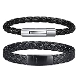 Mens Braided Leather Bead Bracelet - 2Pcs/Set Adjustable Tiger Eye Bead Bracelet, Stinaless Steel Cl