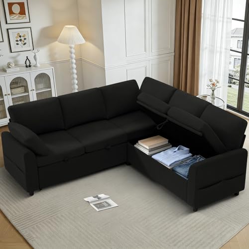 Image of 87 inch Fabric Sectional Couch w /Pull Out Bed & Storage Space, Black