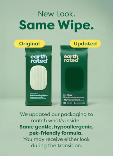 Image of Earth Rated Pet Wipes for Dogs and Cats, Hypoallergenic, 3-in-1 Cleaning, Deodorizing and Hydrating, for Grooming Paws, Body and Butt, New White Tea and Basil Scent, 100 Count (Pack of 2)