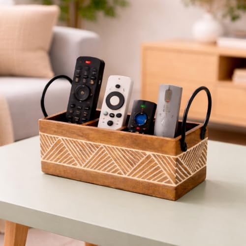 Image of Craft Expertise 3Compartment Remote Control Holder Stand for TV & AC - Wooden & Iron Remote Organizer for Table, Sofa & Bedside | Rustic Brown Decorative Remote | (11 x 4 x 4 Inches)