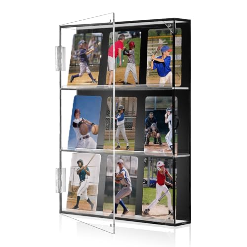 Tebery Baseball Card Display Case Acrylic, Sports Trading Card Display Frame with UV Protection Door, Clear Wall Mount Graded Card Cabinet with Detachable Shelf for Football Basketball Hockey Cards