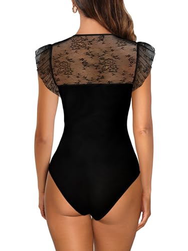 SEBOWEL Women Sexy Floral Lace Mesh Bodysuit Short Sleeve Sheer See Through Mesh Bodysuit Tops Going Out Tops Romper Clubwear2