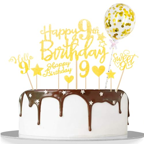 Catelves Glod Tortendeko 9 Geburtstag Junge Mädchen,10 Stk Happy 9th Birthday Cake Topper,Glitzer Kuchen Deko Geburtstag 9 Jahre Mädchen,Sweet 9 Cupcake Deko 9 Geburtstagdeko mit Stern Konfetti-Ballon