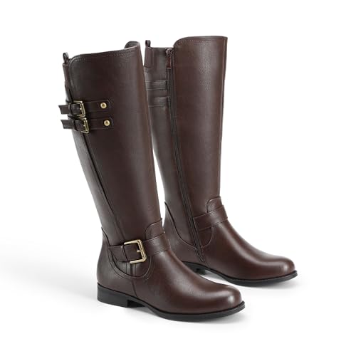 DREAM PAIRS DREAM PAIRS Women's Knee High Riding Pirate Boots, Comfortable Low Chunky Heel Flat Motorcycle Buckle Boots for Women,Size 8.5,Brown,SDKB2413W