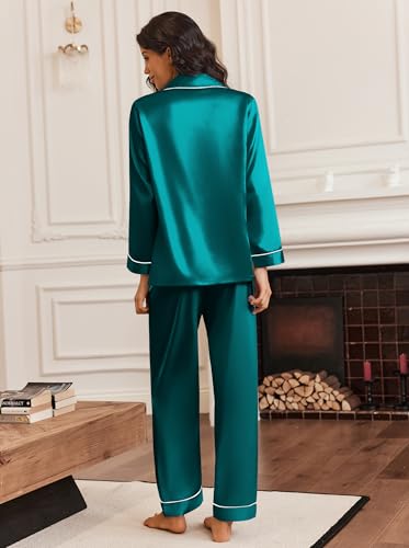 Ekouaer Silk Satin Pajama Set for Womens Button Up Long Sleeve Pj Sleepwear - image 5