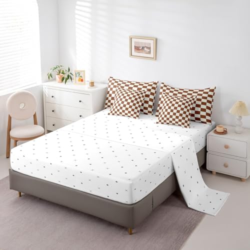Image of Erosebridal Plaid Full Comforter Set 7 Piece Beige Caramel Brown Checkerboard Bed in A Bag with Sheets Geometric Checkered Bedding Set for Kids Boys Girls,Aesthetic Grid Bed Set