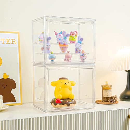 Image of LXLXXL Small Acrylic Display Case for Collectibles 3 Layer Adjustable Display Case with Magnetic Door Clear Stackable Display Box for Mini Figures, 2 Pack