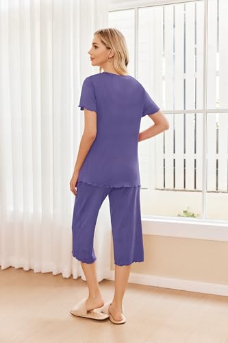 Image of Ekouaer 2 Pack: Women's Pajamas Set Short Sleeve Sleepwear Capri Pants Pjs Soft Loungewear with Pockets