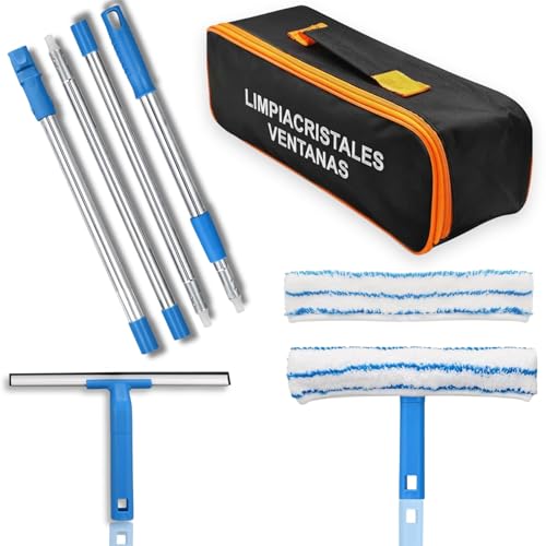 Limpiacristales Telescopico con Rasqueta Limpiacristales + Paños Microfibra | 2 Cabezales Intercambiables con Palo Extensible | Ideal Ventanas Altas, Mamparas y Coche | Incluye Bolsa para Guardar