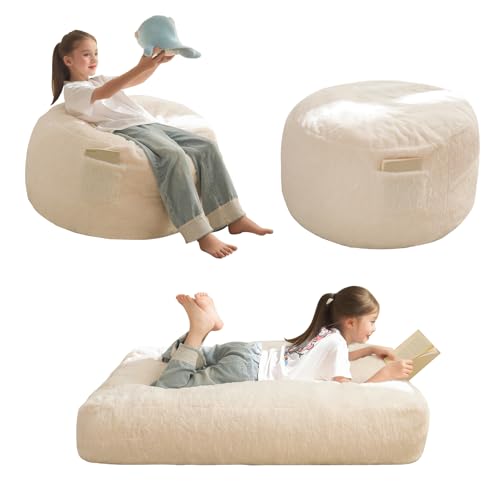 MAXYOYO Puf cama convertible de puf en cama, sofá de espuma con funda peluda y relleno esponjoso para niños, adolescentes, invitados (beis, 130 x 90 cm)