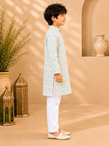 Image of superminis Boys Cotton Golden Embroidery Printed Full Sleeves Kurta with Pyjama Ethnic Wear Set