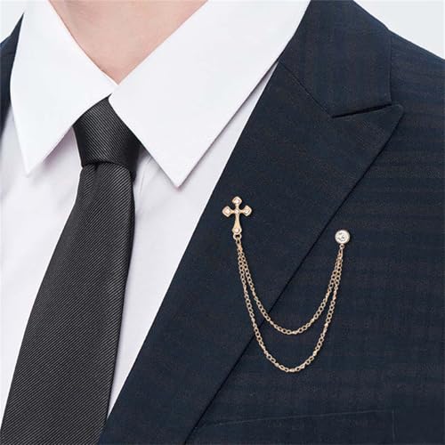 Image of 2PCS Crystal Hanging Chain Brooch Suit Pin for Men Women Vintage Crown Cross Star Diamond Broochs Gold and Silver Wedding Brooch for Clothes Dress Hats Bags Accessory