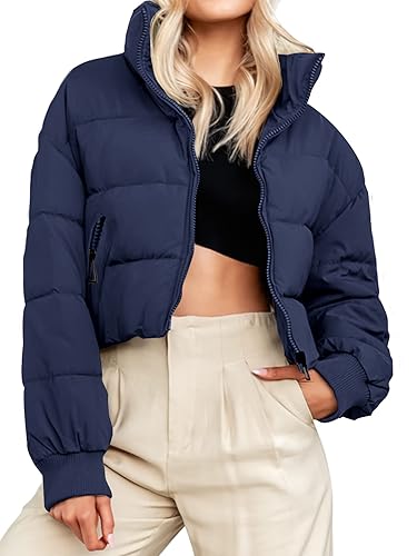 MEROKEETY Women's 2034 Winter Cropped Puffer Jacket Long Sleeve Oversized Stand Collar Zip-Up Short Coat, Navy, XL