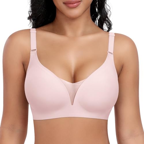 Image of DOCUMO Bras for Women Mesh V Neck No Underwire Soft Wireless Bra Everyday with Lift Push Up Seamless Bralettes for Women with Bra Extender(Pink,Small)