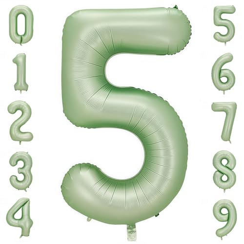 Image of Sage Green 5 Number Balloon,Olive Green 5 Balloons 40 Inch Large Helium Foil Mylar Birthday Balloons for Boy Girl Baby Shower Birthday Jungle Party Decorations
