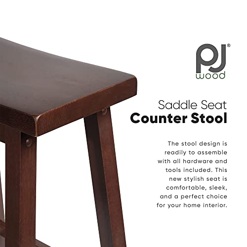 Image of PJ Wood - 24 in Backless Saddle Seat Counter Stools - Walnut 2-Piece Set | Solid Parawood, FSC-Certified, A-Frame Design, Built-In Footrests, 225 lb Capacity, Rectangular Shape, Easy Assembly