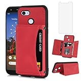 Asuwish Phone Case for Google Pixel 3a XL Wallet Cover with Tempered Glass Screen Protector and PU Leather Credit Card Holder Stand Cell Accessories Pixel3aXL Pixle 3aXL A3 Pixel3a LX Women Men Red