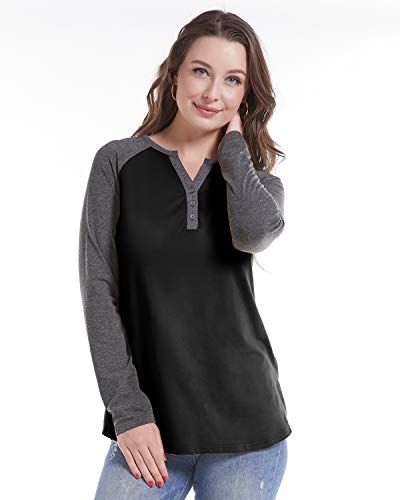 STYLEWORD Womens Long Sleeve Henley Raglan T Shirts V Neck Button Casual Blouse Tops(Black-555,M)