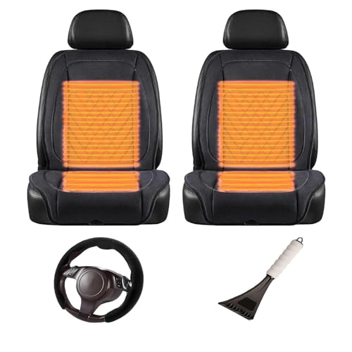 車 シートヒーター, 12V/24V、【10S急速加熱】, 車 シートヒーター, 雪かきスコップが付属, シートカバー, 冬のドライバーの友人への最高の贈り物,黒-ツーピースセット+ステアリングカバー