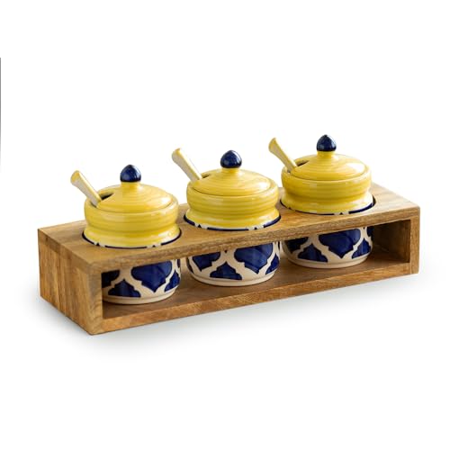 Image of ExclusiveLane 'Moroccan' Ceramic Pickle Jars For Dining Table With Spoon & Wooden Holder (Set of 3,280 ML) | For Kitchen Storage Pickle Holder Pickle Jars For Storage Aachar Jar Set,Multicolor