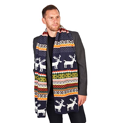 Lovarzi Christmas Scarfs For Men And Women - Navy Blue Reindeer And Snowflake Xmas Scarf - Knitted Warm Winter Long Ladies Christmas Scarves Festive Themed Gifts Present On Christmas Or Birthday #TOP2