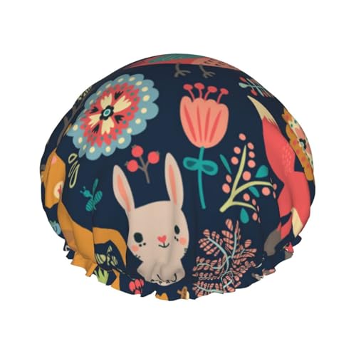 Gorro de ducha impermeable con banda elástica, gorro de ducha reutilizable de doble capa para mujer,Animales del bosque, pájaros y árboles
