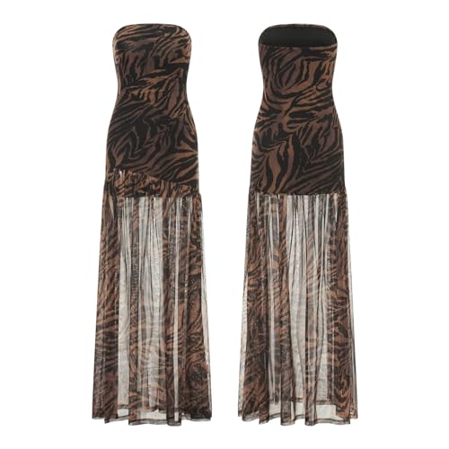 Image of Womens Strapless Maxi Dress Slim High Slit Mesh Long Dress Sexy Party Club Night Out Dress 2024 Summer Vacation