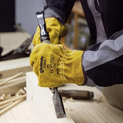 ANDANDA Cow Split Leather Work Gloves, Wear Resistant, Soft & Comfort, Industrial Grade Leather Work Gloves, Machines and Equipment/Building/Gardening/Landscaping/Wood CuttingYellow/Large/1 Pair