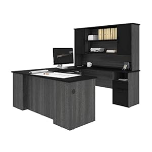 Bestar Norma 71W U or L-Shaped Executive Desk with Hutch in Black & bark Gray