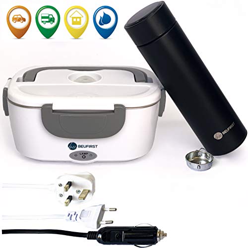 Fiambrera Eléctrica 4 en 1: Coche, Camión, Hogar y Oficina 220V&12V-40W, de Acero Inoxidable, 1.5L, con Cuchara y 2 Compartimentos + Termo Acero Inoxidable 500ml con PantallaTáctil y filtro Infusiones