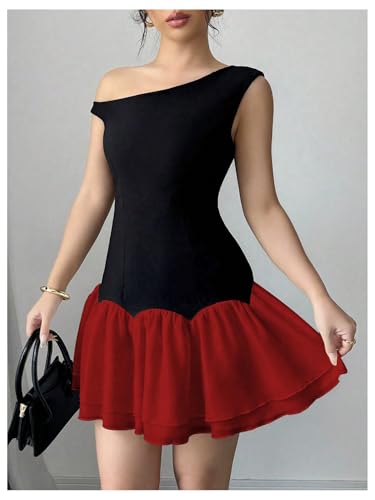 Image of Verdusa Women's Color Block Ruffle Off Shoulder Dress Drop Waist Layered Mesh Mini Dress
