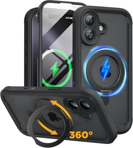Image of Miracase for iPhone 17 Case with 360 Magnetic Ring Stand [Compatible with Magsafe] Full-Body Drop Proof Bumper Phone Case with Built-in 9H Tempered Glass Screen Protector,Black