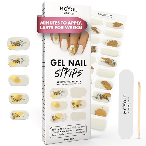 MOYOU LONDON Autocollants auto-adhésifs pour ongles en Gel Semi-durci, lampe UV/LED requise, 20 enveloppes de vernis à ongles en Gel, autocollants pour Nail Art - Boho Chic