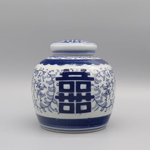 Tarro tradicional de cerámica azul y blanco, diseño de doble felicidad, jarrón oriental decorativo con tapa