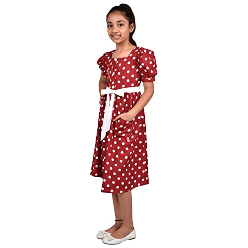 Image of Maroon White Polka DOT Printed Girls Dress with Square Neck & Front Placket Opening